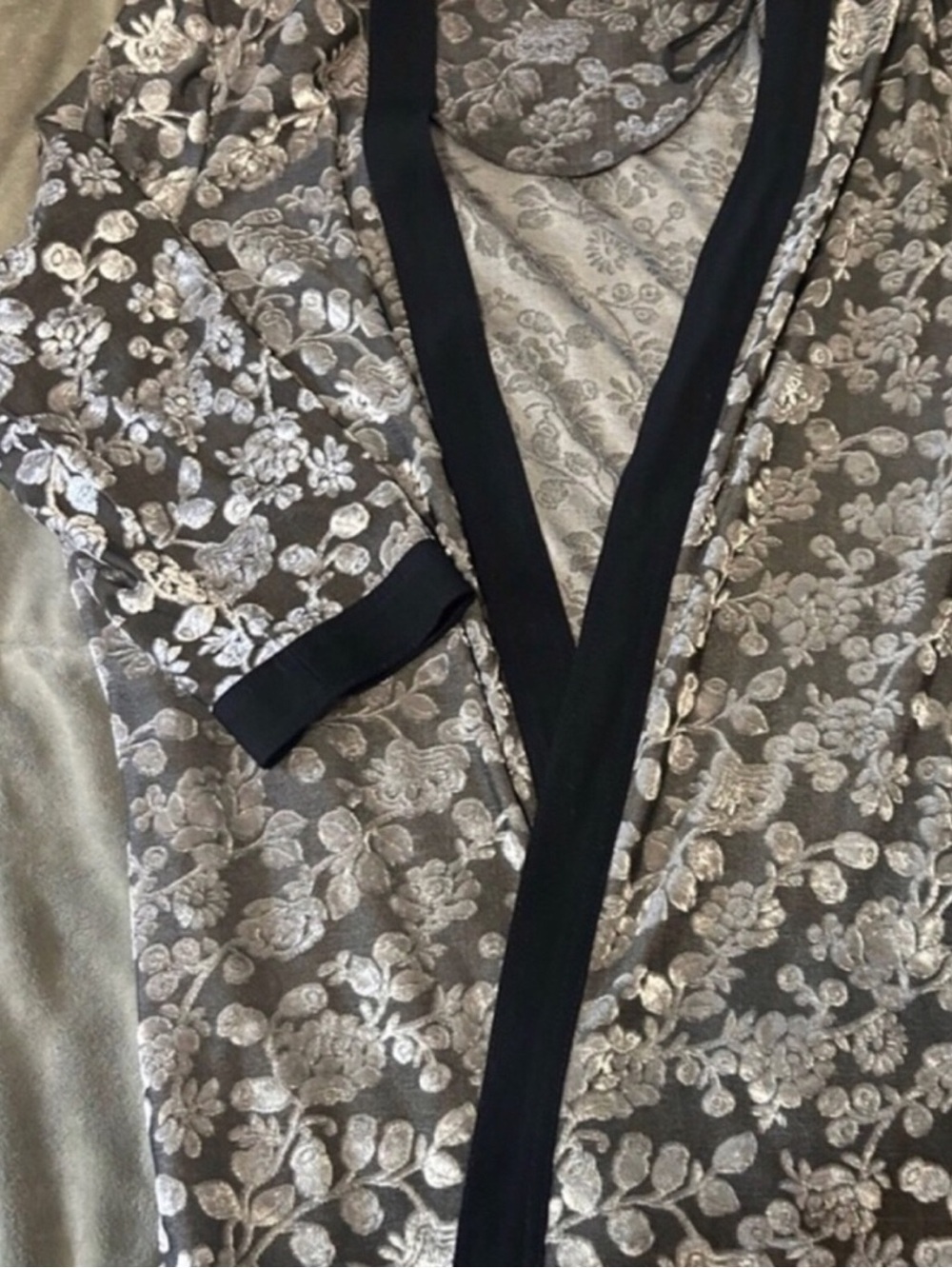 Floral Embroidered Open-Front Blazer in Gray with Black Trim